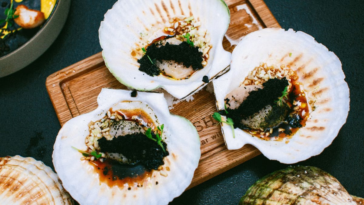 Gourmet presentation of scallops with caviar on shells, served elegantly on a wooden board.